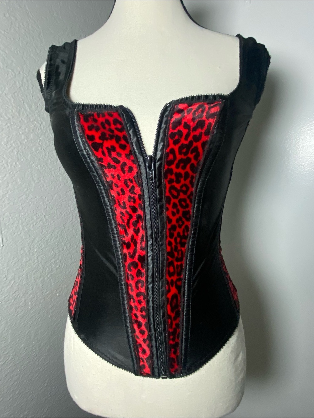 Y2K Grunge Red & Black Leopard Velvet & Satin Zip Up Corset Top Size 34 Small